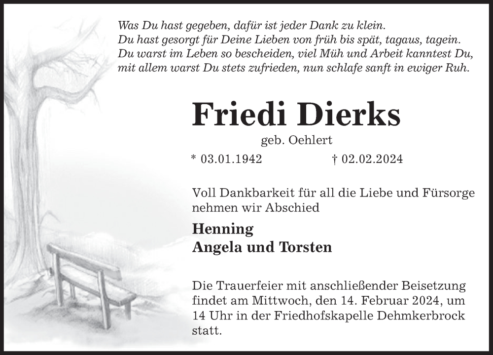  Traueranzeige für Friedi Dierks vom 10.02.2024 aus Deister- und Weserzeitung