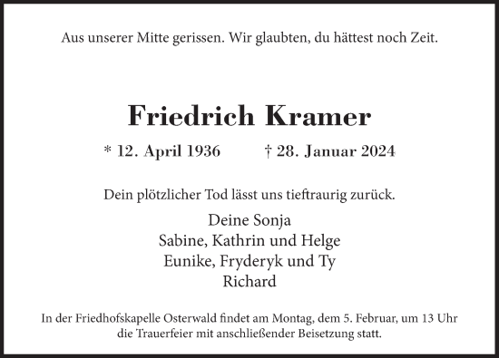 Traueranzeige von Friedrich Kramer von Deister- und Weserzeitung