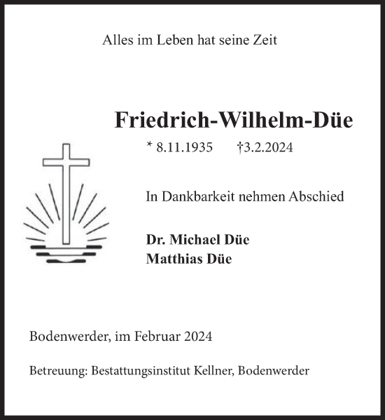 Traueranzeige von Friedrich-Wilhelm Düe von Deister- und Weserzeitung