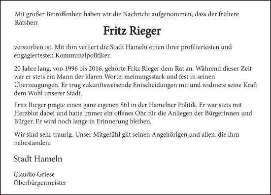 Traueranzeige von Fritz Rieger von Deister- und Weserzeitung