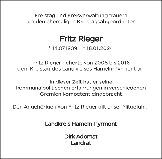 Traueranzeige von Fritz Rieger von Deister- und Weserzeitung