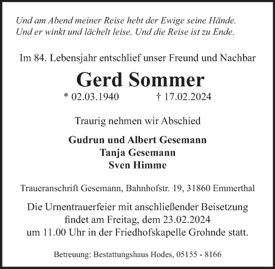 Traueranzeige von Gerd Sommer von Deister- und Weserzeitung