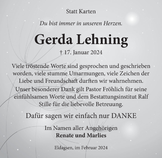 Traueranzeige von Gerda Lehning von Neue Deister-Zeitung
