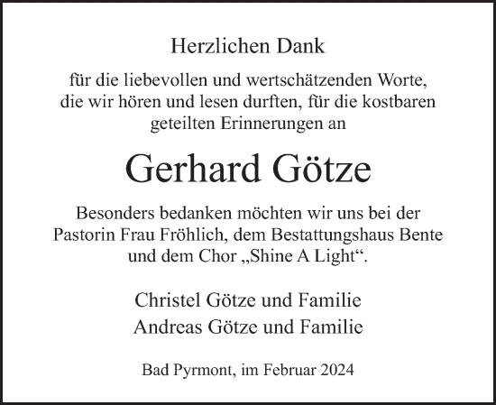 Traueranzeige von Gerhard Götze von Deister- und Weserzeitung