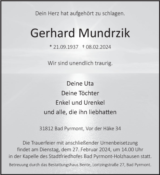 Traueranzeige von Gerhard Mundrzik von Deister- und Weserzeitung