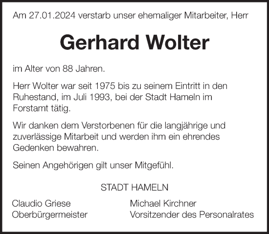 Traueranzeige von Gerhard Wolter von Deister- und Weserzeitung