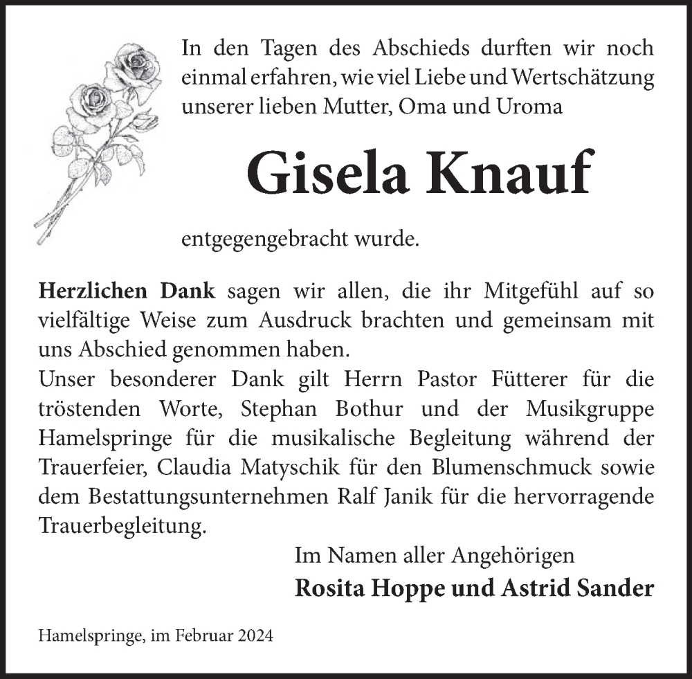  Traueranzeige für Gisela Knauf vom 10.02.2024 aus Neue Deister-Zeitung