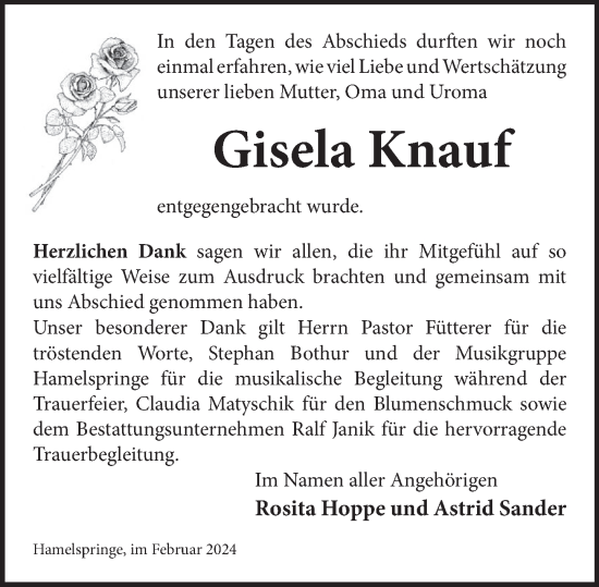 Traueranzeige von Gisela Knauf von Neue Deister-Zeitung