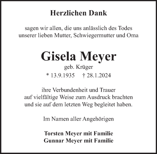 Traueranzeige von Gisela Meyer von Deister- und Weserzeitung