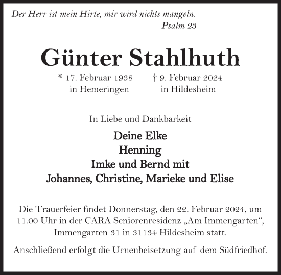 Traueranzeige von Günter Stahlhuth von Deister- und Weserzeitung