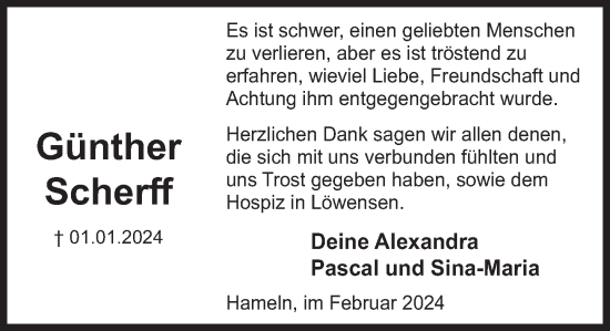 Traueranzeige von Günther Scherff von Deister- und Weserzeitung