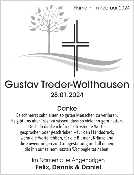 Traueranzeige von Gustav Treder-Wolthausen von Deister- und Weserzeitung