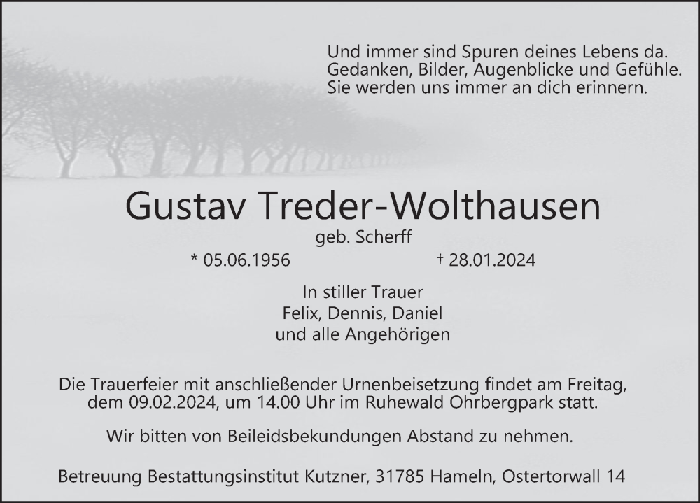  Traueranzeige für Gustav Treder-Wolthausen vom 03.02.2024 aus Deister- und Weserzeitung
