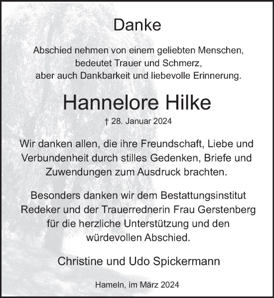 Traueranzeige von Hannelore Hilke von Deister- und Weserzeitung
