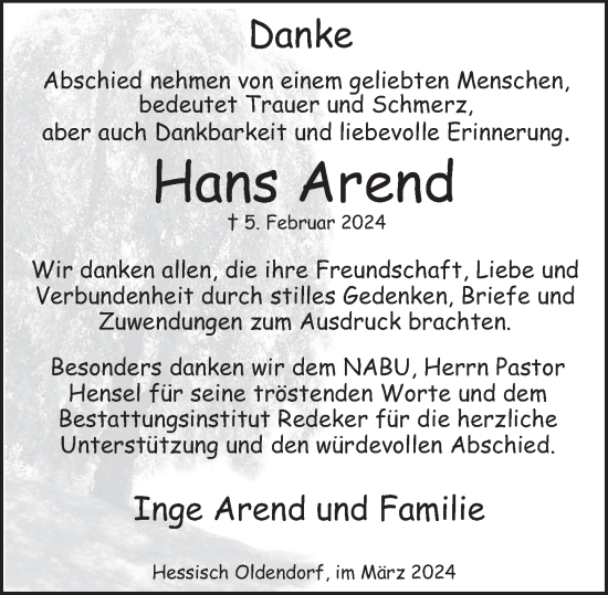 Traueranzeige von Hans Arend von Deister- und Weserzeitung