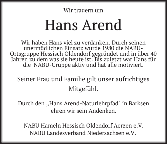 Traueranzeige von Hans Arend von Deister- und Weserzeitung