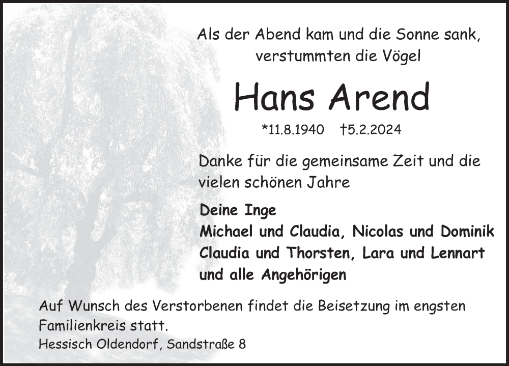 Traueranzeige für Hans Arend vom 10.02.2024 aus Deister- und Weserzeitung