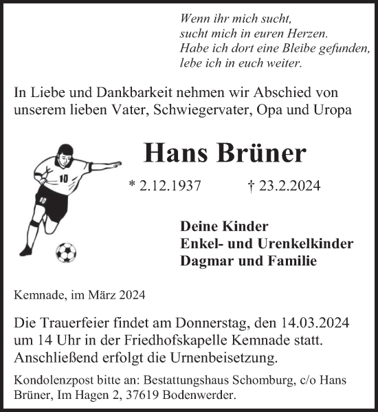 Traueranzeige von Hans Brüner von Deister- und Weserzeitung
