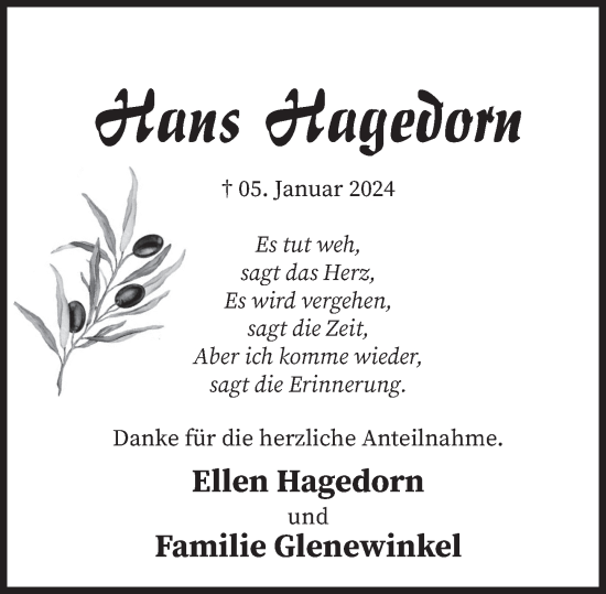Traueranzeige von Hans Hagedorn von Deister- und Weserzeitung