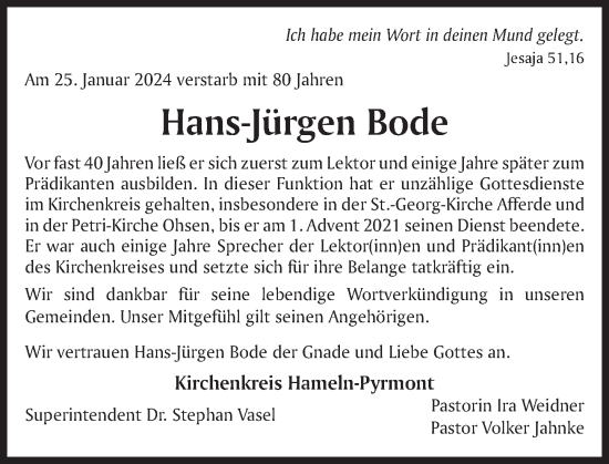 Traueranzeige von Hans-Jürgen Bode von Deister- und Weserzeitung