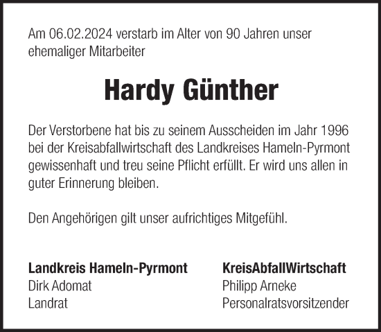 Traueranzeige von Hardy Günther von Deister- und Weserzeitung