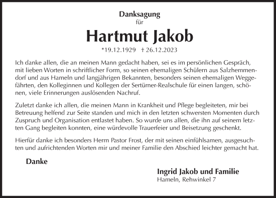 Traueranzeige von Hartmut Jakob von Deister- und Weserzeitung
