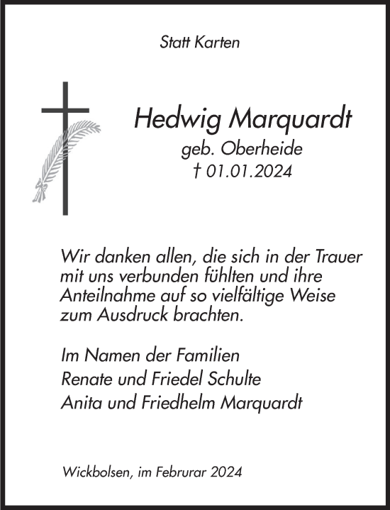 Traueranzeige von Hedwig Marquardt von Deister- und Weserzeitung