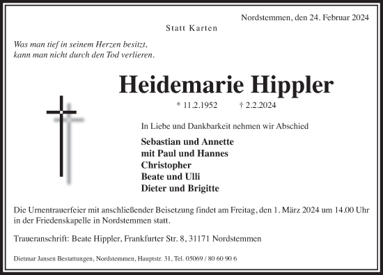 Traueranzeige von Heidemarie Hippler von Neue Deister-Zeitung