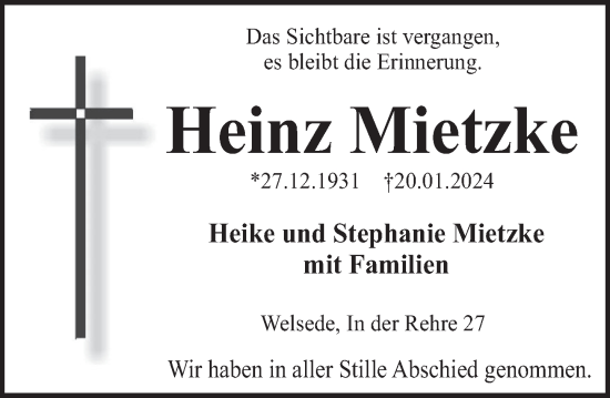 Traueranzeige von Heinz Mietzke von Deister- und Weserzeitung