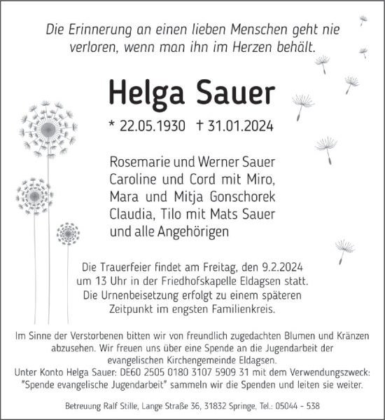 Traueranzeige von Helga Sauer von Neue Deister-Zeitung