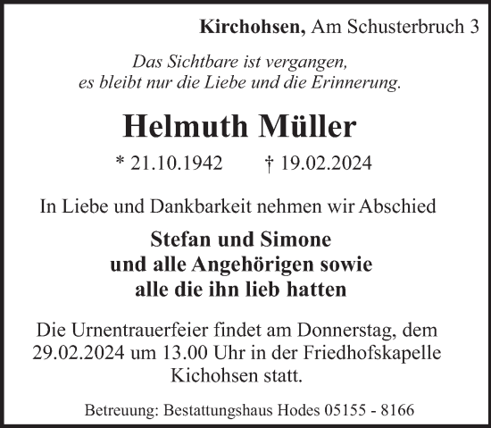 Traueranzeige von Helmuth Müller von Deister- und Weserzeitung
