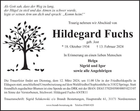 Traueranzeige von Hildegard Fuchs von Neue Deister-Zeitung