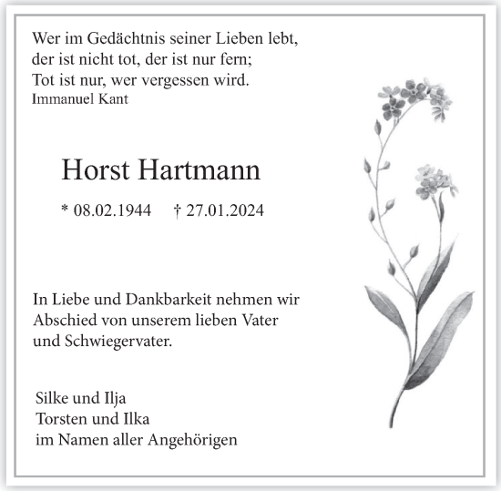 Traueranzeige von Horst Hartmann von Deister- und Weserzeitung