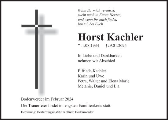 Traueranzeige von Horst Kachler von Deister- und Weserzeitung
