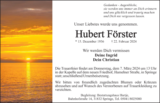 Traueranzeige von Hubert Förster von Neue Deister-Zeitung