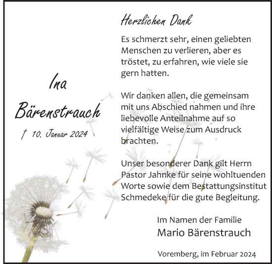 Traueranzeige von Ina Bärenstrauch von Deister- und Weserzeitung