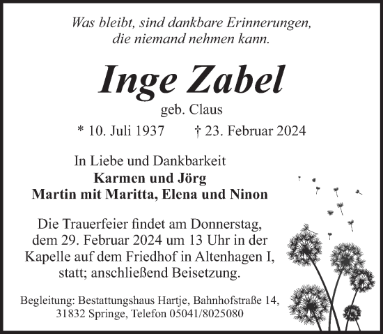 Traueranzeige von Inge Zabel von Deister- und Weserzeitung