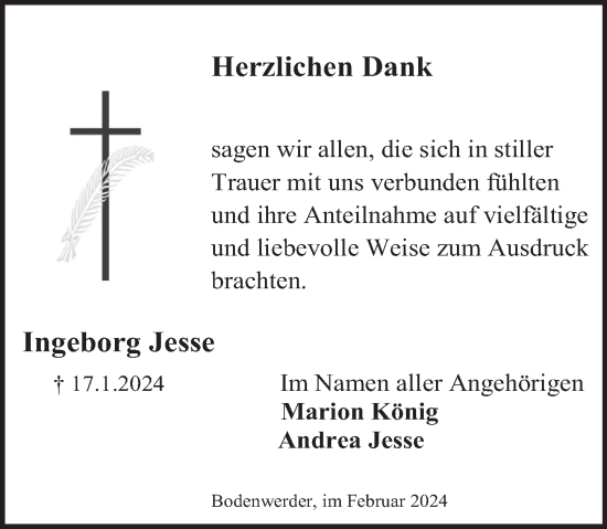 Traueranzeige von Ingeborg Jesse von Deister- und Weserzeitung
