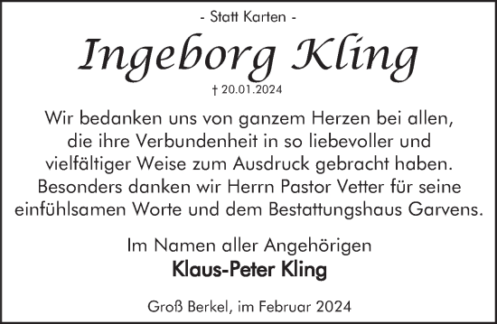 Traueranzeige von Ingeborg Kling von Deister- und Weserzeitung