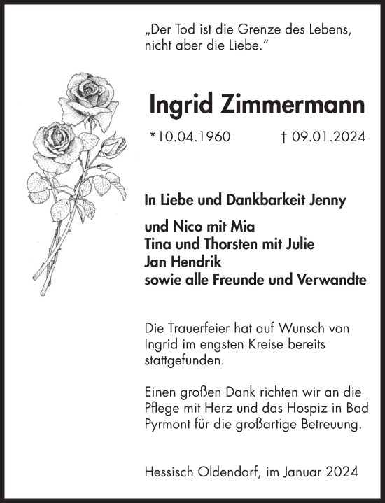 Traueranzeige von Ingrid Zimmermann von Deister- und Weserzeitung
