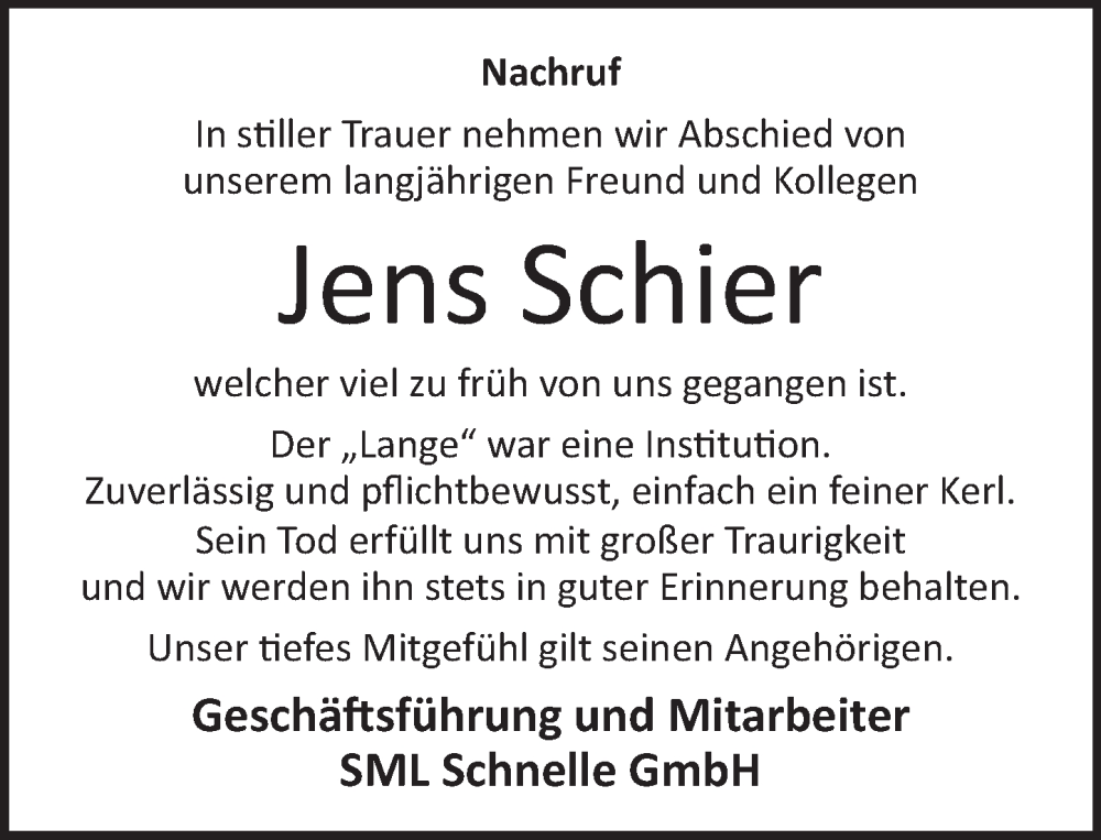  Traueranzeige für Jens Schier vom 02.03.2024 aus Neue Deister-Zeitung