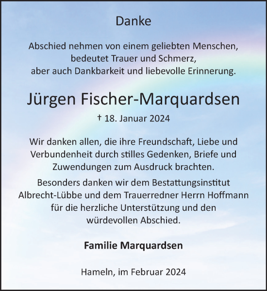 Traueranzeige von Jürgen Fischer-Marquardsen von Deister- und Weserzeitung