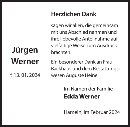 Traueranzeige von Jürgen Werner von Deister- und Weserzeitung