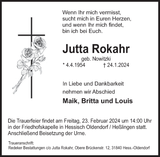 Traueranzeige von Jutta Rokahr von Deister- und Weserzeitung