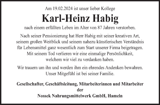 Traueranzeige von Karl-Heinz Habig von Deister- und Weserzeitung