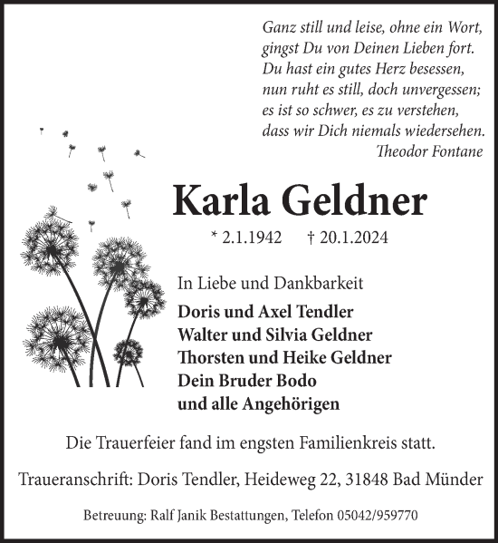 Traueranzeige von Karla Geldner von Neue Deister-Zeitung