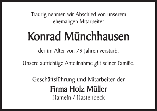 Traueranzeige von Konrad Münchhausen von Deister- und Weserzeitung