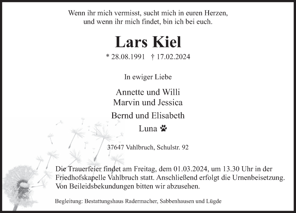  Traueranzeige für Lars Kiel vom 24.02.2024 aus Deister- und Weserzeitung
