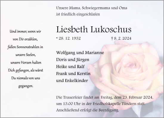 Traueranzeige von Liesbeth Lukoschus von Deister- und Weserzeitung