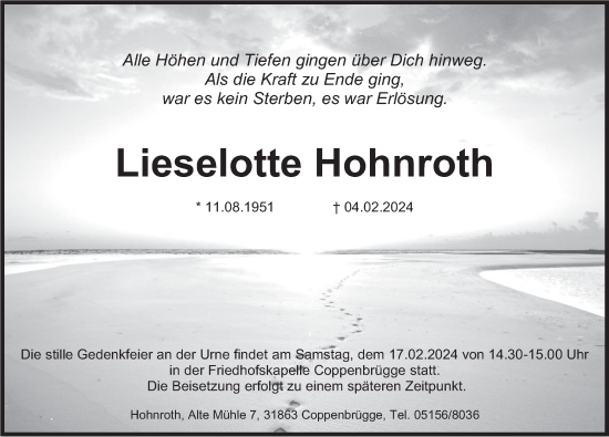 Traueranzeige von Lieselotte Hohnroth von Deister- und Weserzeitung